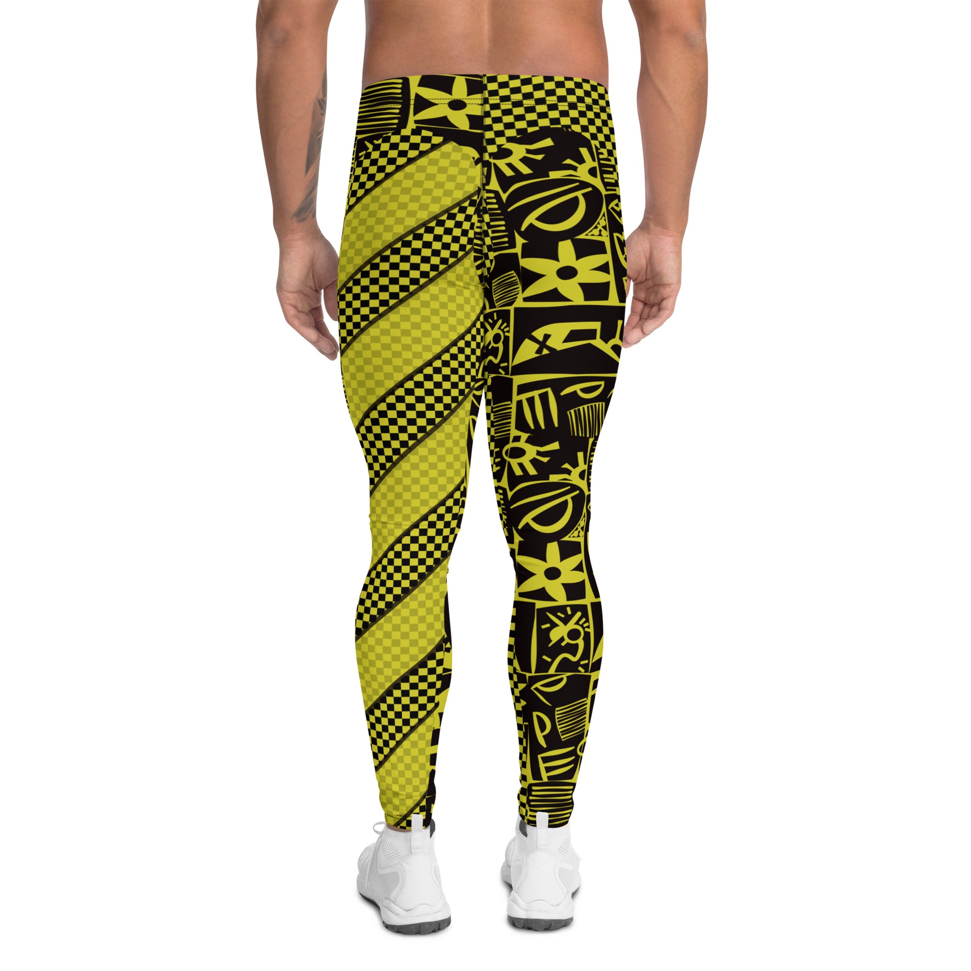 Black and yellow geometric design leggings for men in retro 80s style. Pro wrestling tights for guys in fun stripy design. Rave gear and fashion meggings for guys.