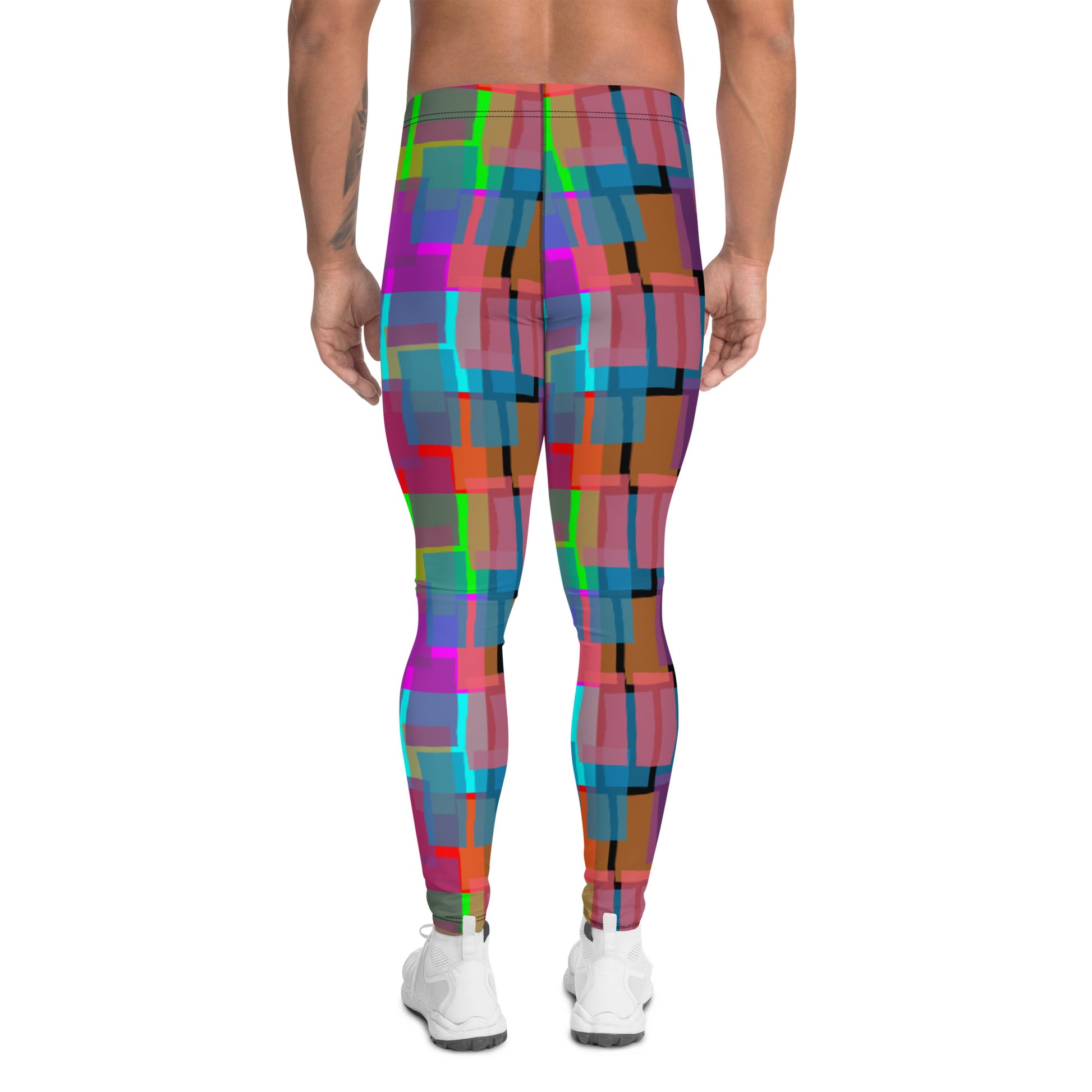 Leggings for men in rainbow  colors. Great geometric shaped patterned pro wrestling tights or BJJ no-MMA spats for guys in ankle length and elastic waistband.