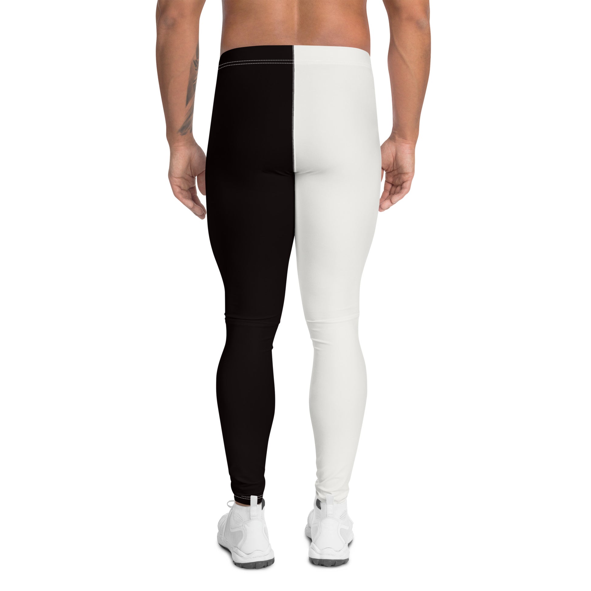 Men's leggings in black and white with inset alternate stars at the front. Pro wrestling tights, NFL American football gear or festival rave outfit with ankle length legs and mid rise elasticated waist band.