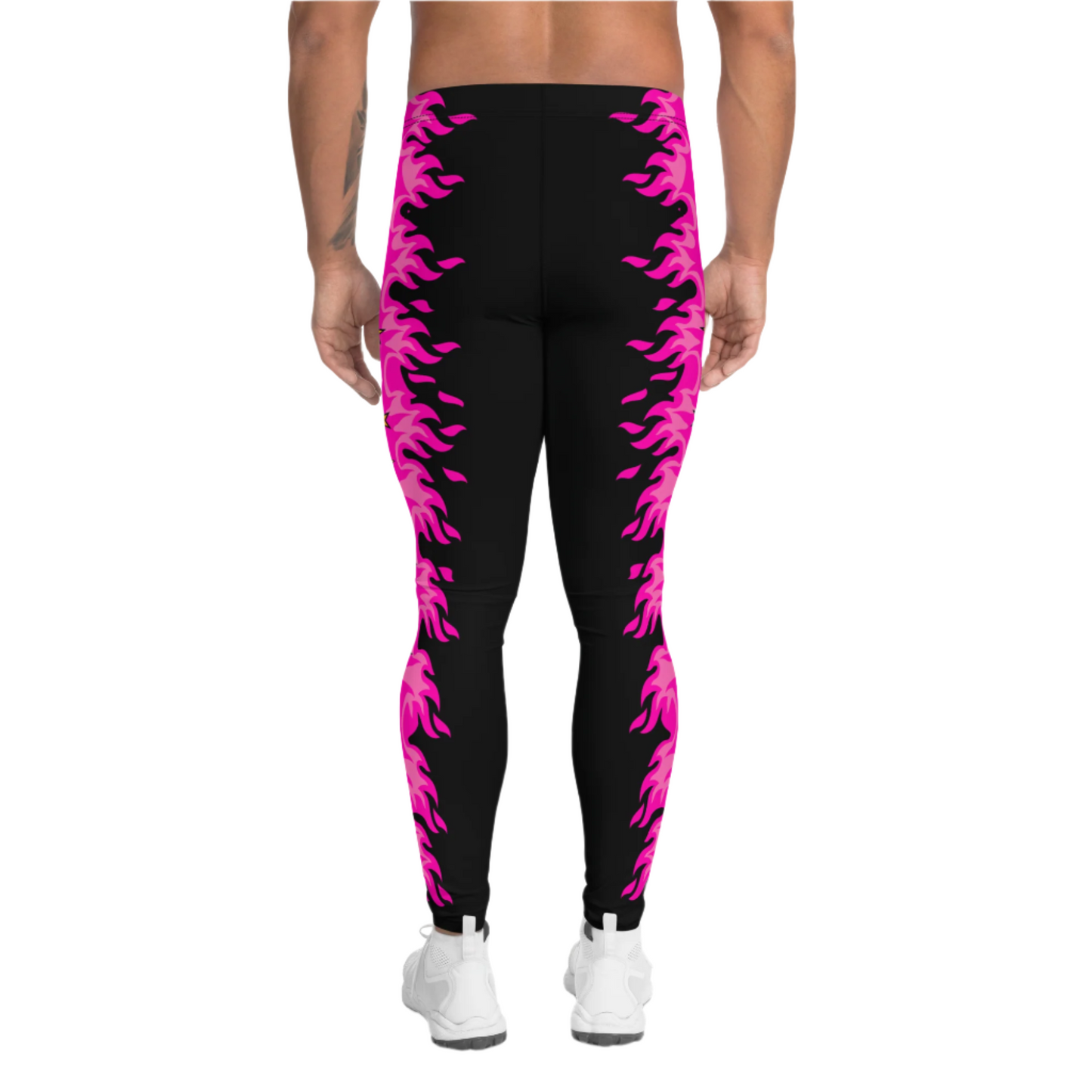 Pink pro wrestling tights for men in black or pink with fire and hearts. Matching tank top with skull and wings and a heart. Pink, black.