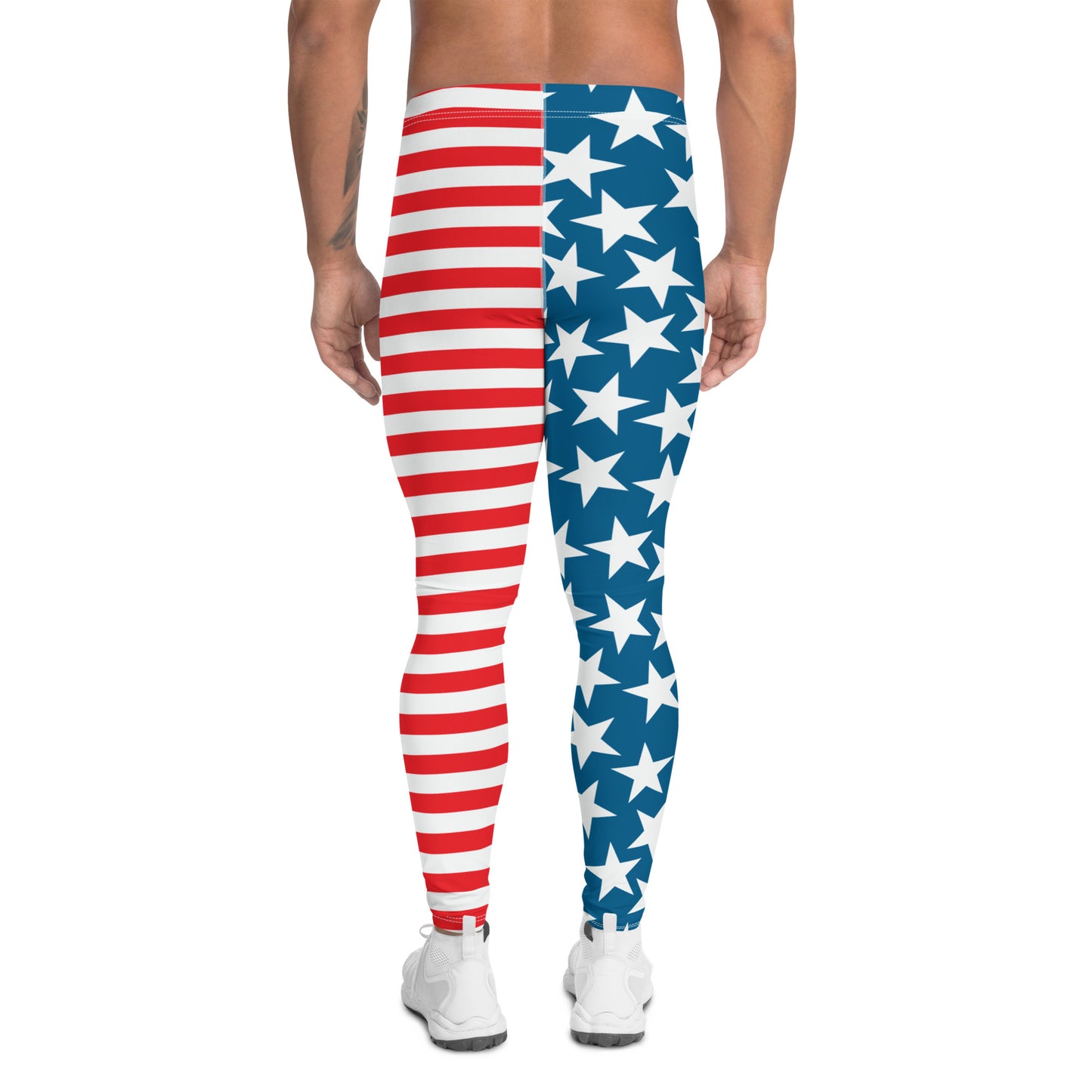 Mens Leggings Patriot, Pro Wrestling Tights in american flag, Forth July Retro Fashion Leggings, Yoga Pants, Gym Outfit, Rave Gear Dancewear, Running Tights, BJJ Spats. Red white blue 4th July party outfit. Halloween outfit for men.