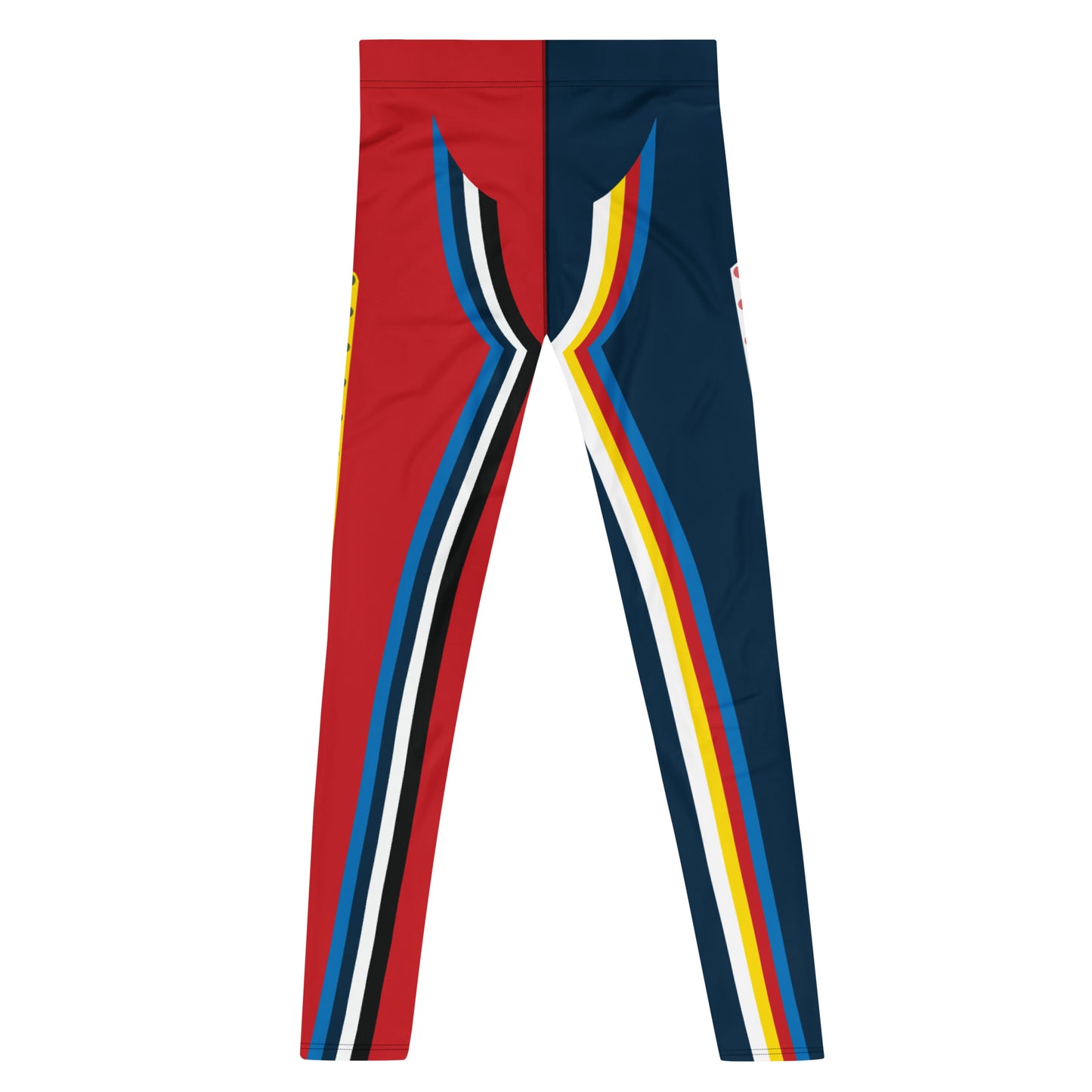 Mens leggings in a patriotic circus style. Footless pro-wrestling tights in red, white, blue with stars and stripes on the crotch and alternative colored  inlays on each leg. Outlines in yellow and white and stripes up the back. Fun Halloween cosplay outfit or rave gear fashion for man.