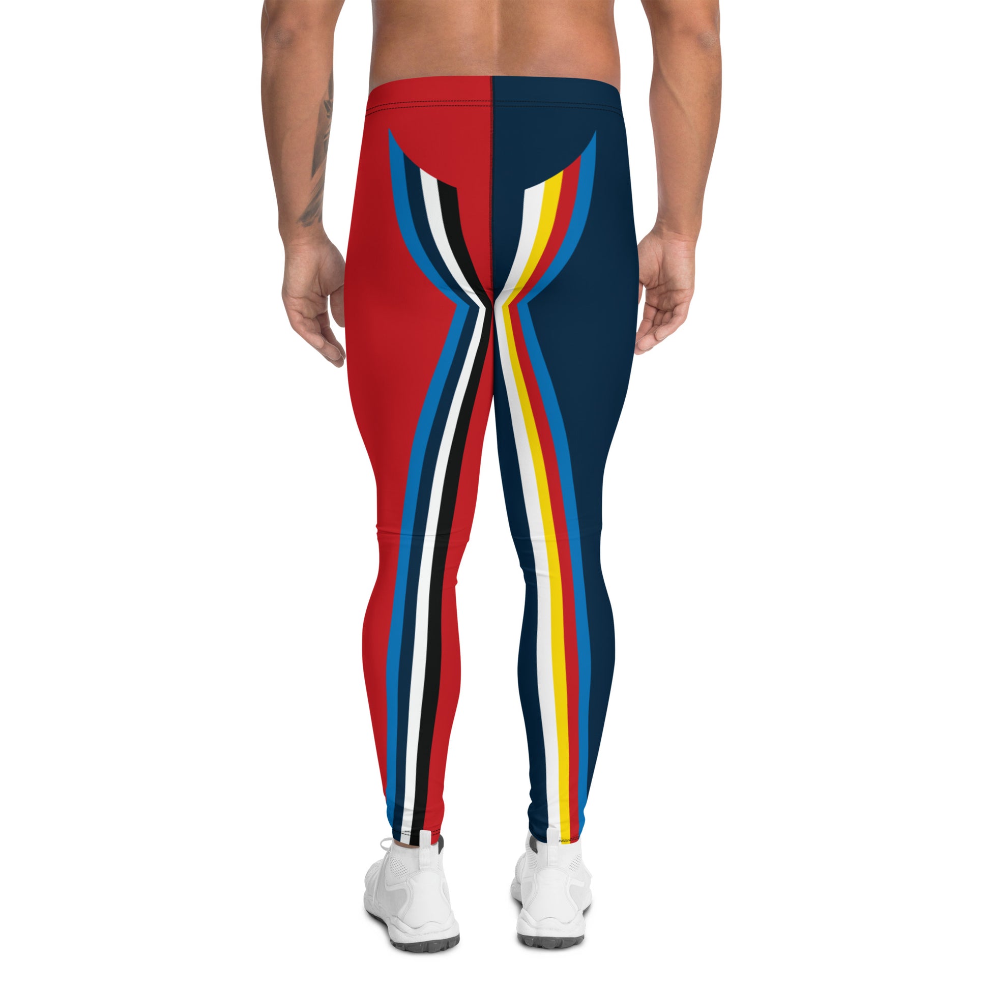 Mens leggings in a patriotic circus style. Footless pro-wrestling tights in red, white, blue with stars and stripes on the crotch and alternative colored  inlays on each leg. Outlines in yellow and white and stripes up the back. Fun Halloween cosplay outfit or rave gear fashion for man.