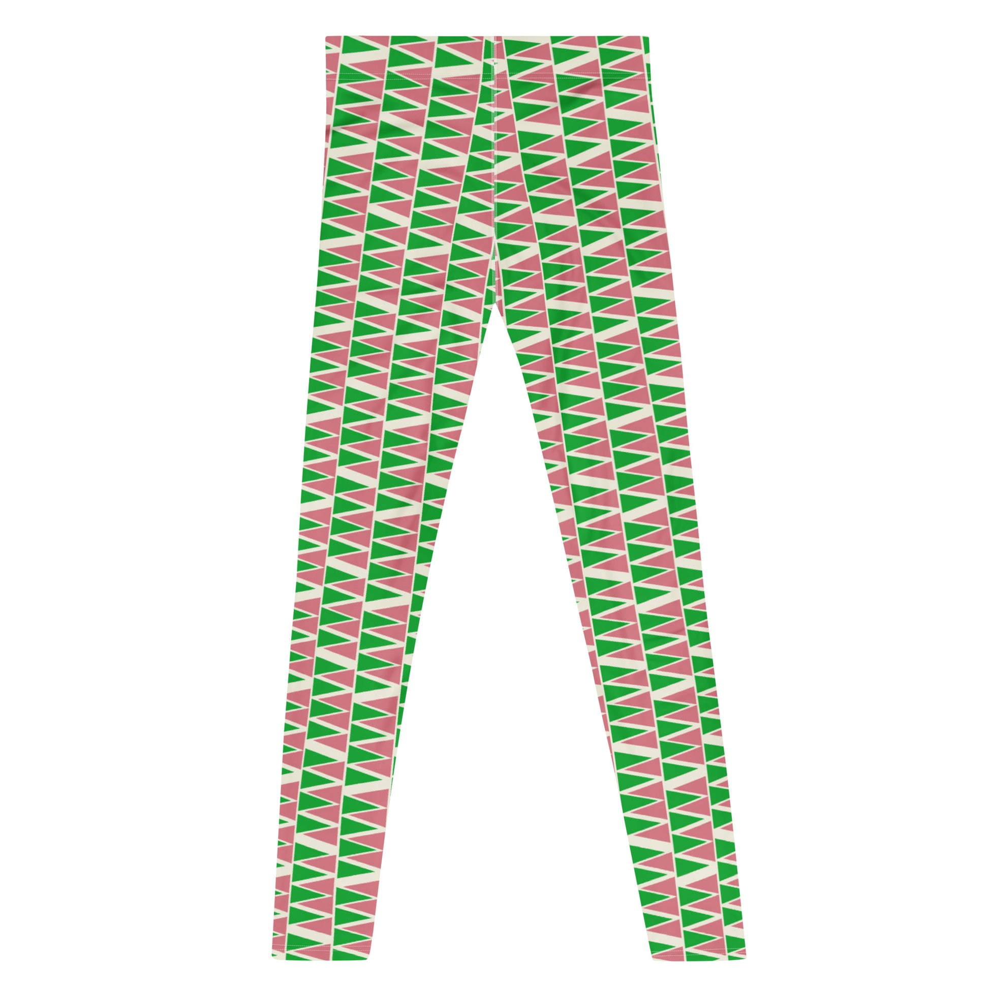 Mens leggings in retro mid century modern style. Green, pink, cream geometric patterned fashion meggings for men. Ankle length. Great for rave gear, festivals, BJJ, gym.