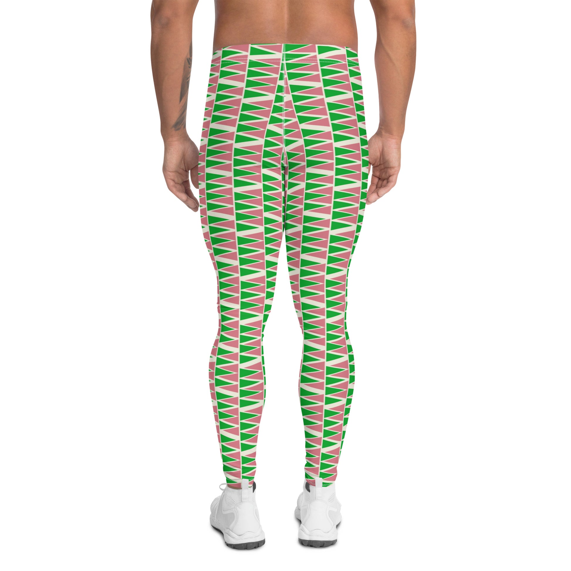 Mens leggings in retro mid century modern style. Green, pink, cream geometric patterned fashion meggings for men. Ankle length. Great for rave gear, festivals, BJJ, gym.