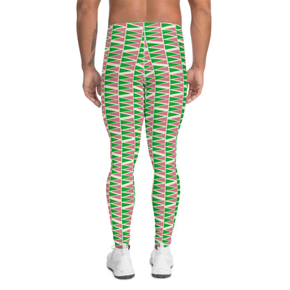 Mens leggings in retro mid century modern style. Green, pink, cream geometric patterned fashion meggings for men. Ankle length. Great for rave gear, festivals, BJJ, gym.