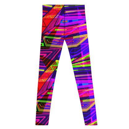 EDM electronic dance music style neoncore and vaporwave leggings for men in geometric angular layers and overlays. Tones of dark blue, red, pink, purple and orange in a neon effect. This EDM outfit or clubbing outfit is soft material with a stretchy 4-way stretch fabric that is super comfy and will ensure your mens fashion tights remain super bright and vivid long term.