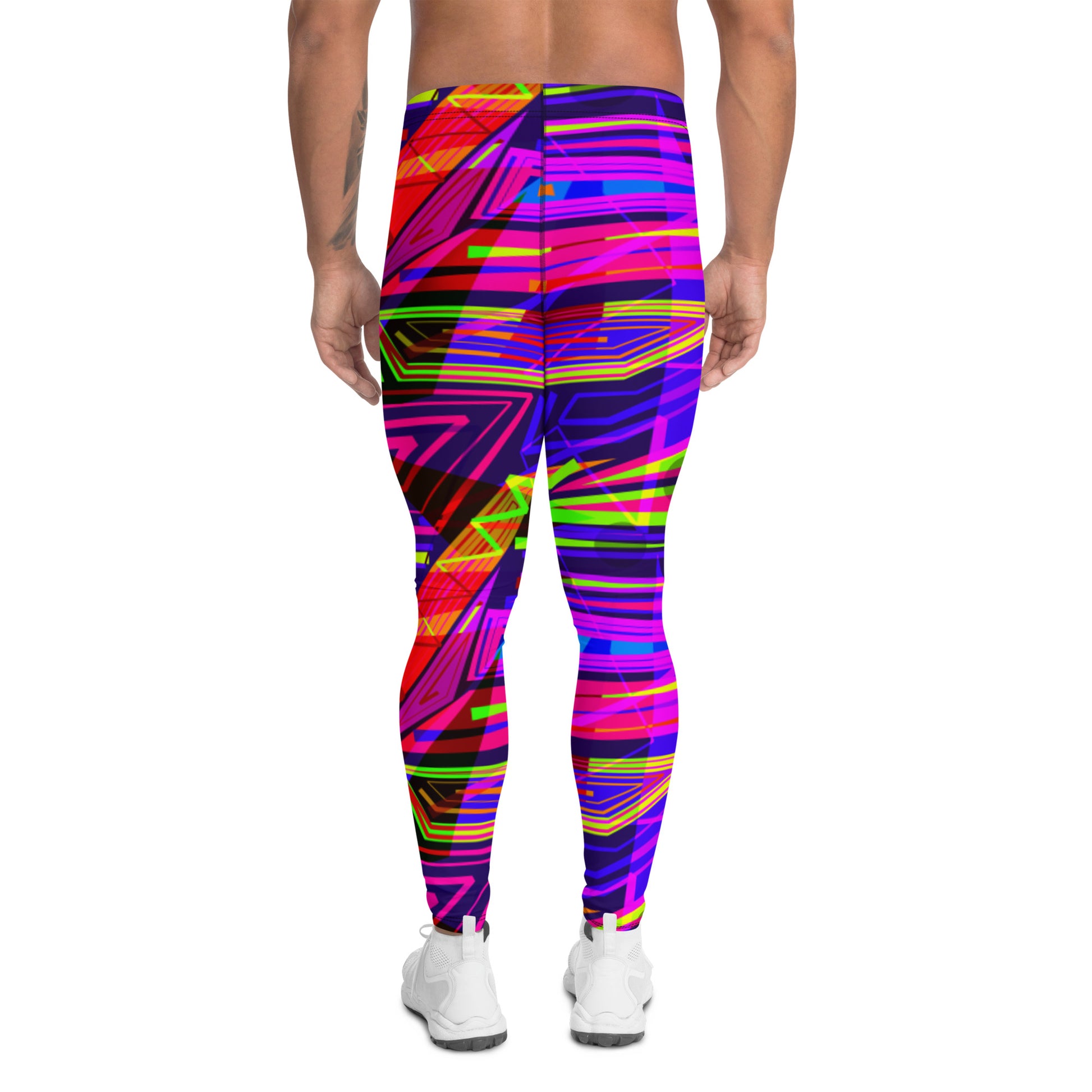 EDM electronic dance music style neoncore and vaporwave leggings for men in geometric angular layers and overlays. Tones of dark blue, red, pink, purple and orange in a neon effect. This EDM outfit or clubbing outfit is soft material with a stretchy 4-way stretch fabric that is super comfy and will ensure your mens fashion tights remain super bright and vivid long term.