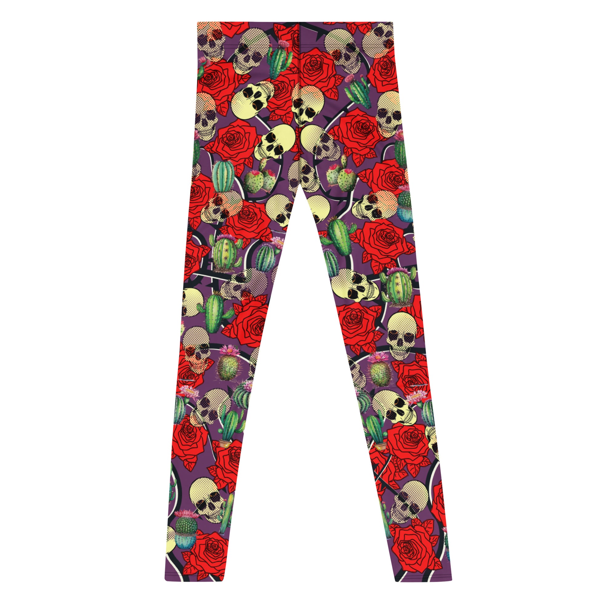 Creepy cute fashion leggings for men with skulls, roses and cactus plants. Purple meggings alternative fashion with mid rise waistband and ankle length legs.