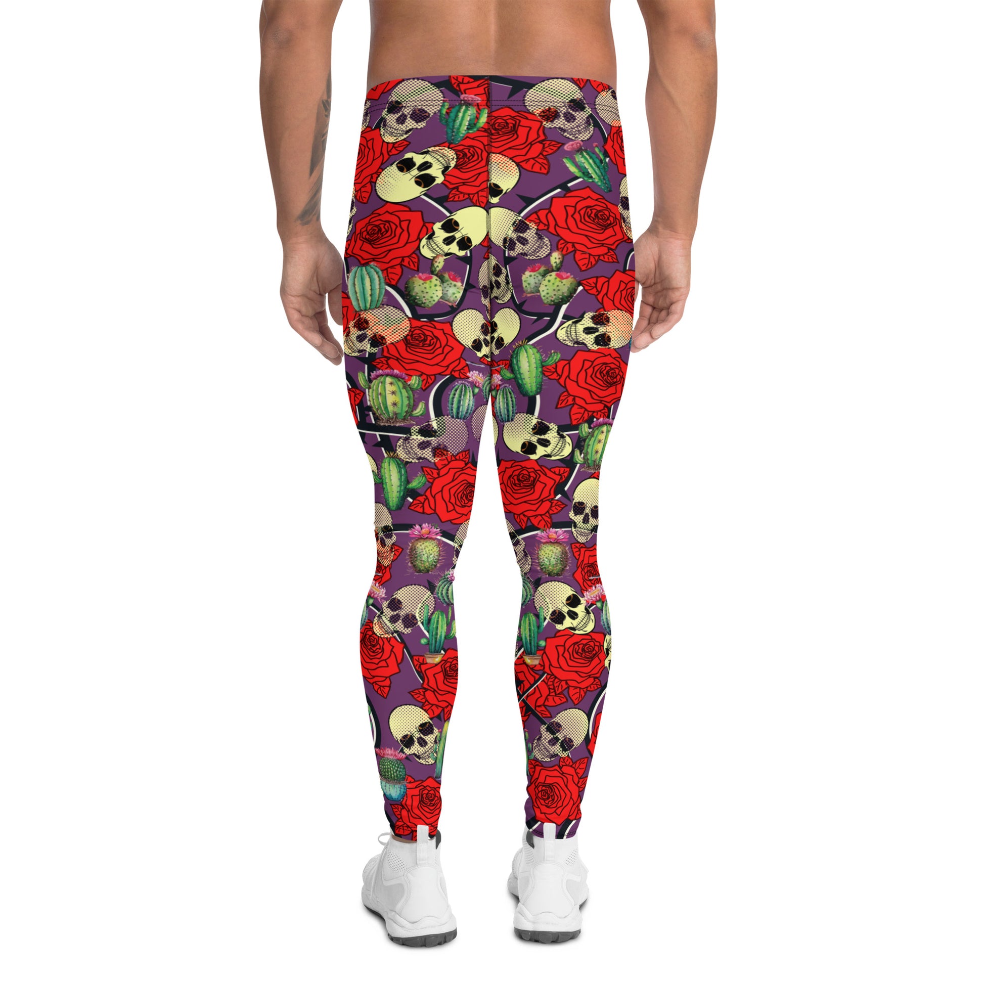 Creepy cute fashion leggings for men with skulls, roses and cactus plants. Purple meggings alternative fashion with mid rise waistband and ankle length legs.