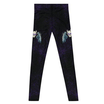 spooky gothic horror pro-wrestling tights with skull and wings on a black and purple distressed background. Mid rise leggings for men with ankle length legs.