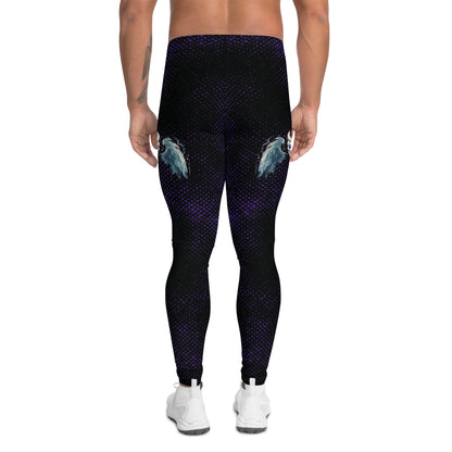 spooky gothic horror pro-wrestling tights with skull and wings on a black and purple distressed background. Mid rise leggings for men with ankle length legs.