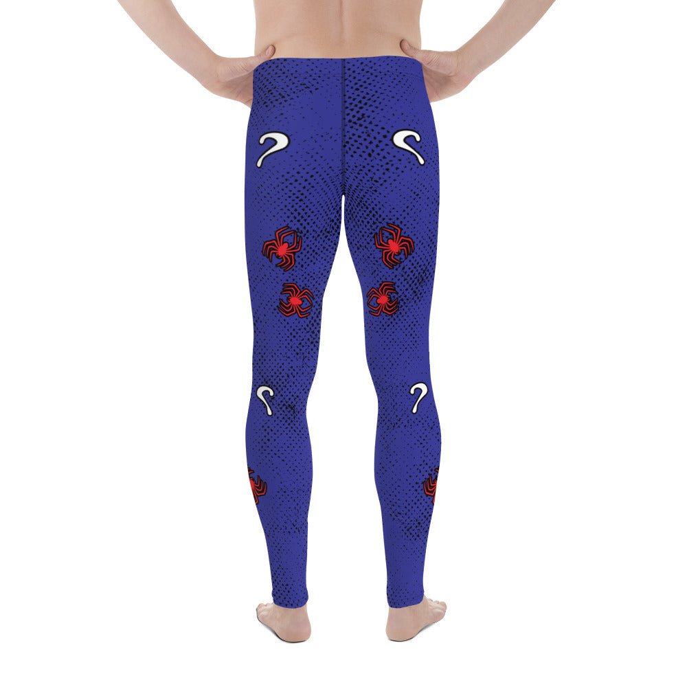 Mens lucha libre pro wrestling tights in navy blue with a red crotch area, containing black and white spiders.  White griffin birds in sets of 3 on each of the legs with more red spiders and question marks. Mid rise elasticated waistband and ankle length legs.