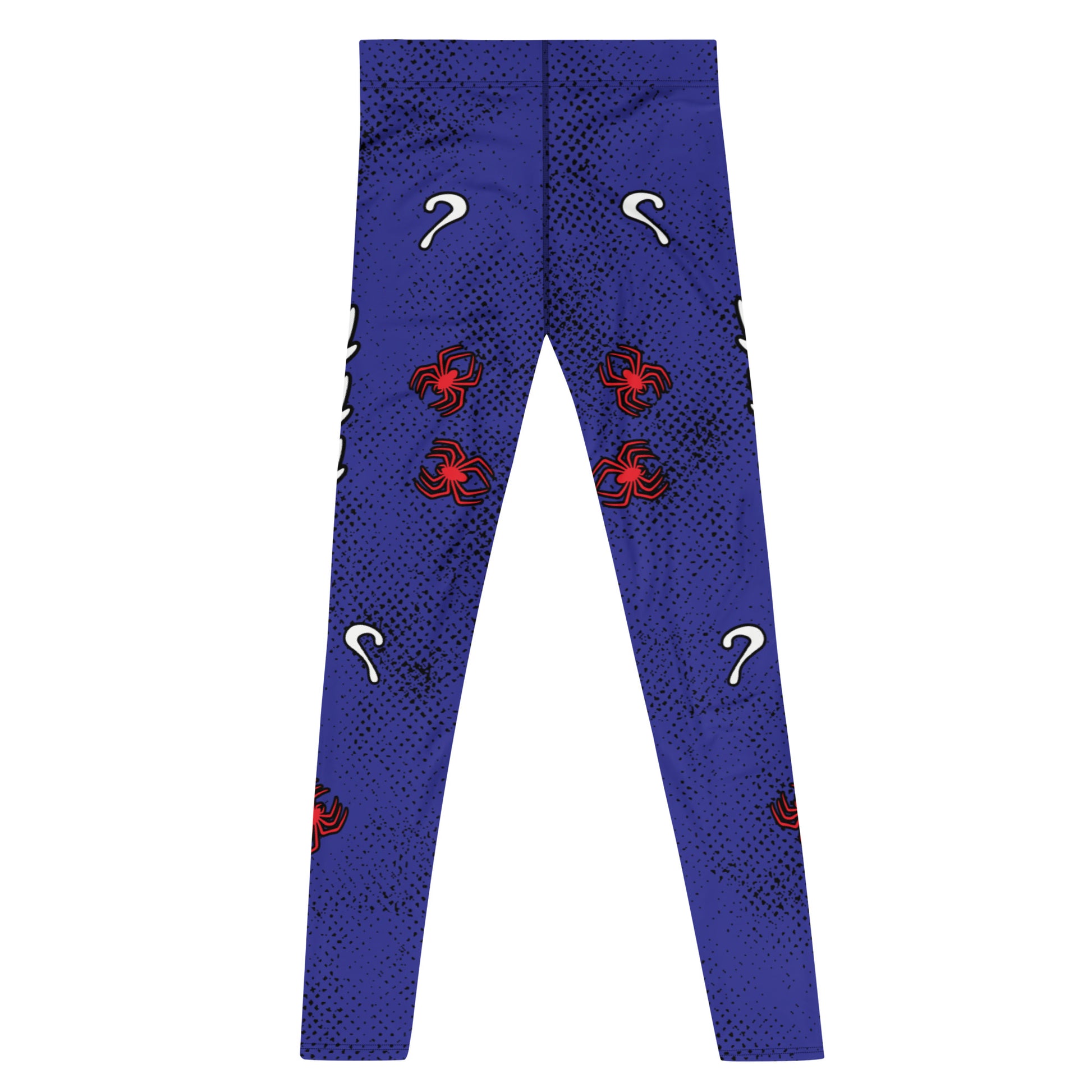 Mens lucha libre pro wrestling tights in navy blue with a red crotch area, containing black and white spiders.  White griffin birds in sets of 3 on each of the legs with more red spiders and question marks. Mid rise elasticated waistband and ankle length legs.