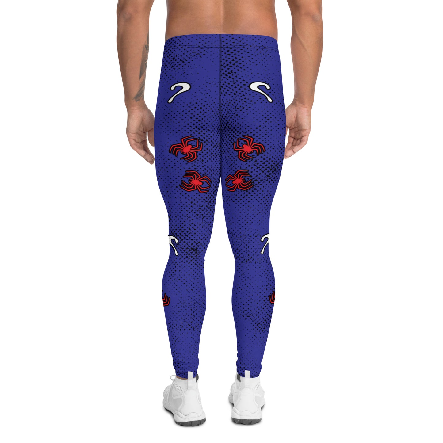 Mens lucha libre pro wrestling tights in navy blue with a red crotch area, containing black and white spiders.  White griffin birds in sets of 3 on each of the legs with more red spiders and question marks. Mid rise elasticated waistband and ankle length legs.