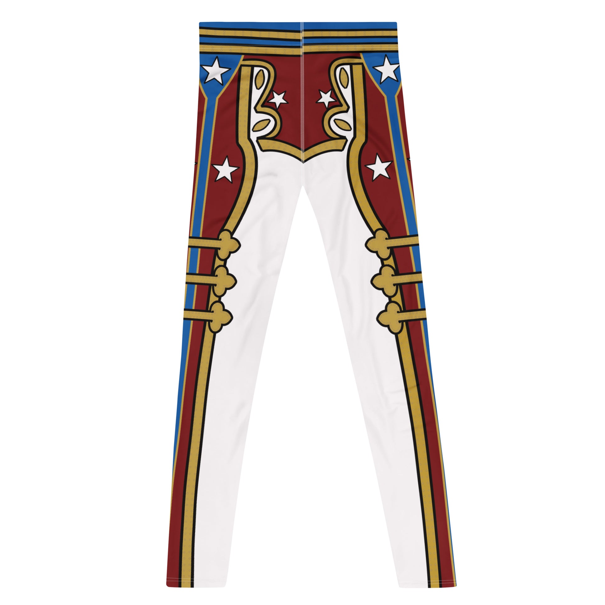 Retro Military style pro wrestling tights for men in white with gold and red trim. Fun eagle motif. Mid rise elasticated waistband and ankle length legs.