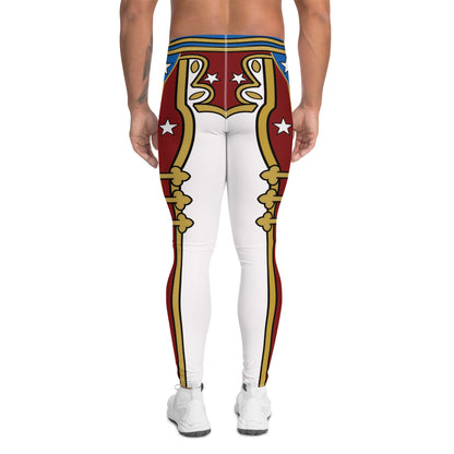 Retro Military style pro wrestling tights for men in white with gold and red trim. Fun eagle motif. Mid rise elasticated waistband and ankle length legs.