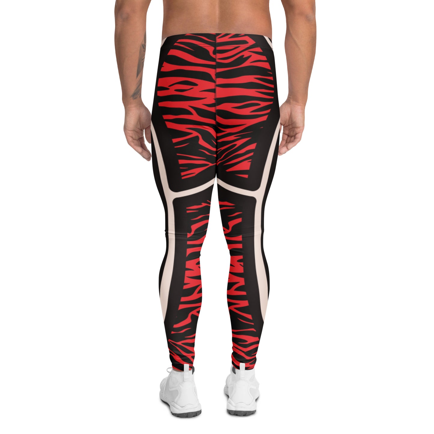 Men's leggings with red and black zebra pattern on a white background