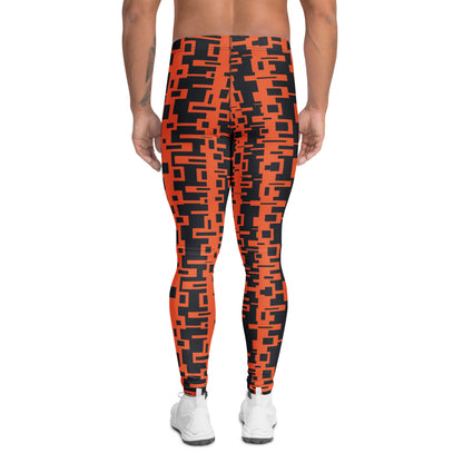 Men's gym, sports and running leggings in vertical geometric design in orange and black.
