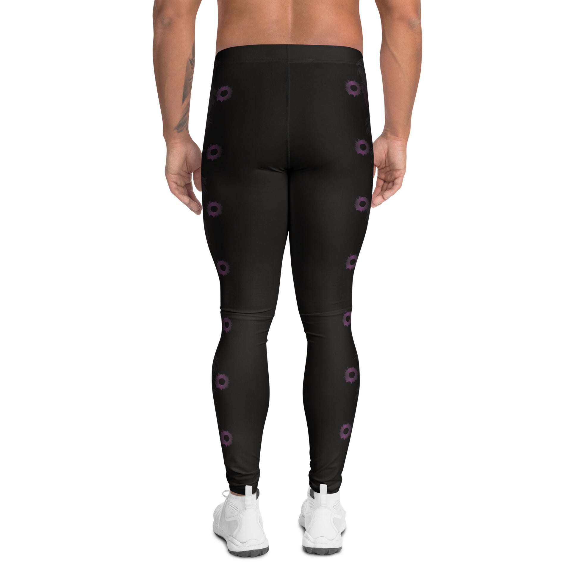 Back view of men’s wrestling-inspired black leggings with purple abstract gothic design