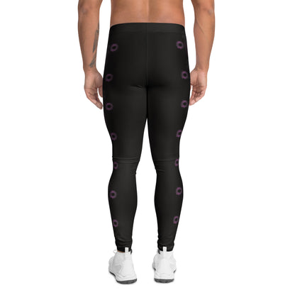 Back view of men’s wrestling-inspired black leggings with purple abstract gothic design