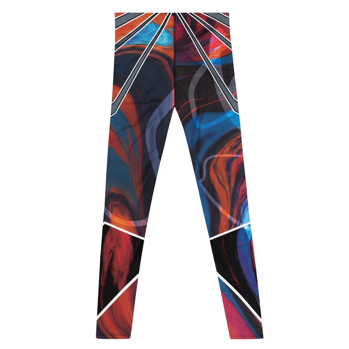 Bold pro wrestling tights in disruption style with a geometric pattern in a futuristic setting. Rear flat view