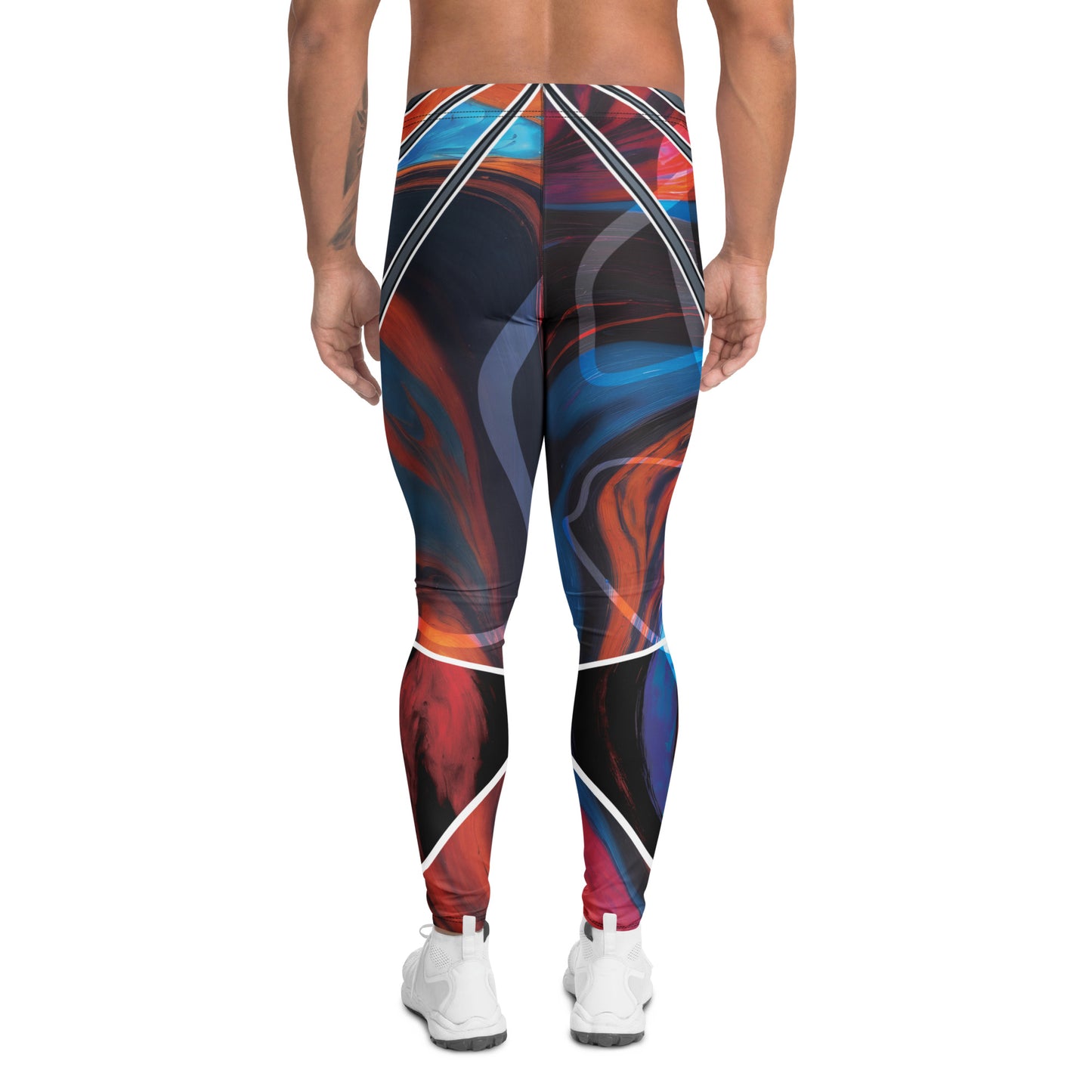 Bold pro wrestling tights in disruption style with a geometric pattern in a futuristic setting.  Rear view