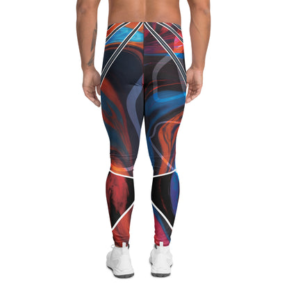 Bold pro wrestling tights in disruption style with a geometric pattern in a futuristic setting.  Rear view