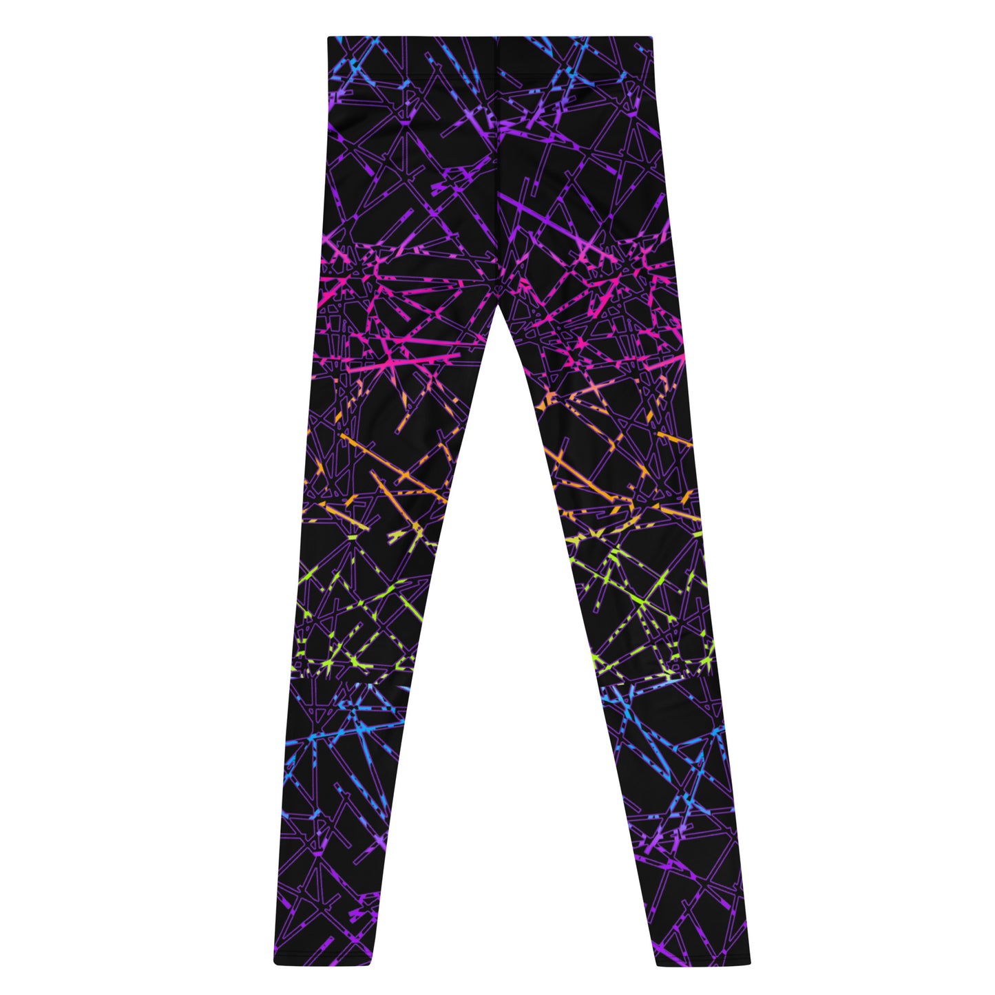 black leggings with rainbow geometric design in synthwave style - laid flat - rear view