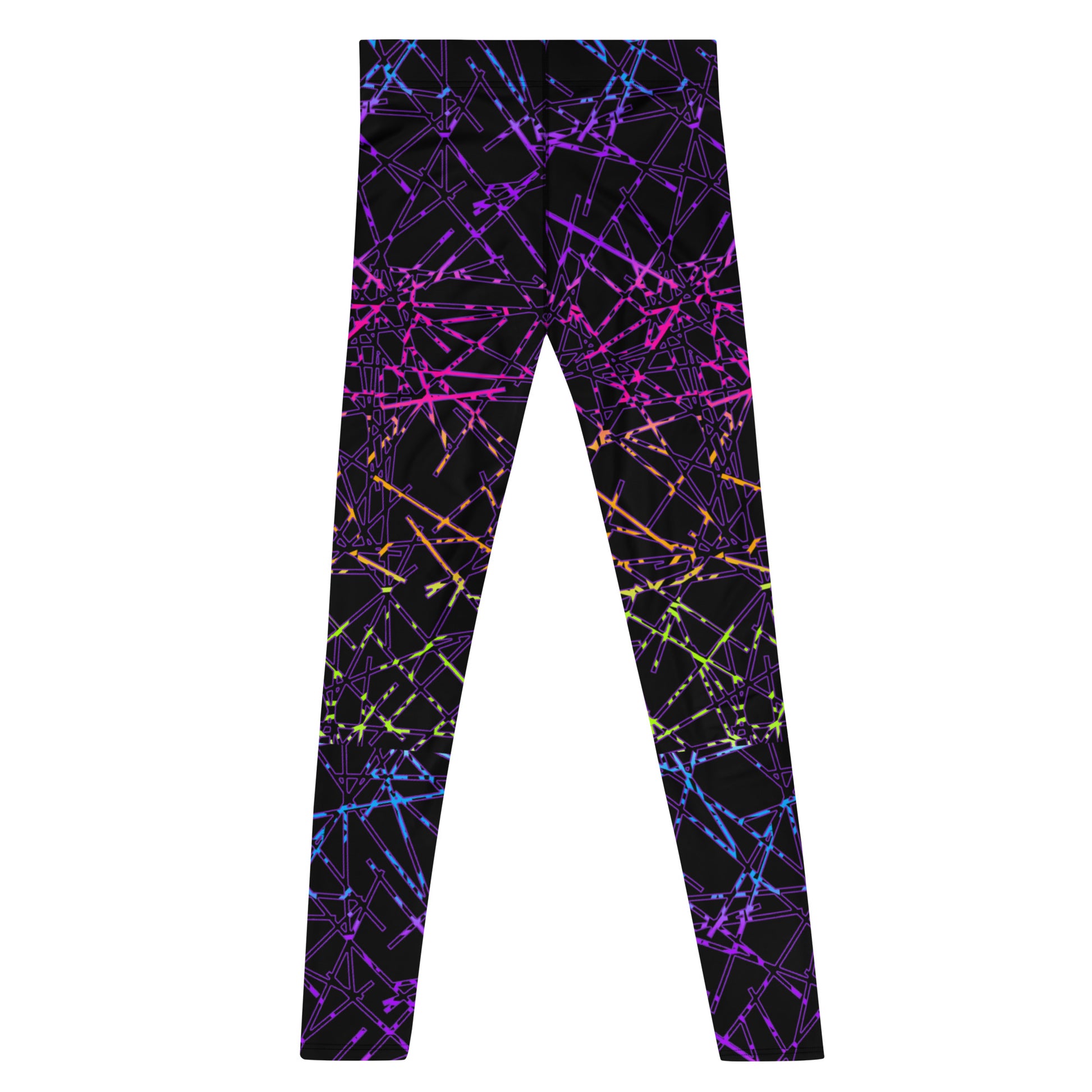 black leggings with rainbow geometric design in synthwave style - laid flat - rear view