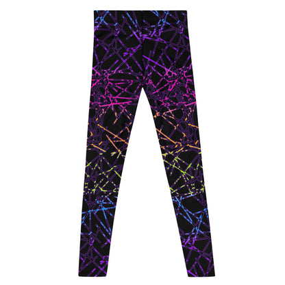 black leggings with rainbow geometric design in synthwave style - laid flat - rear view