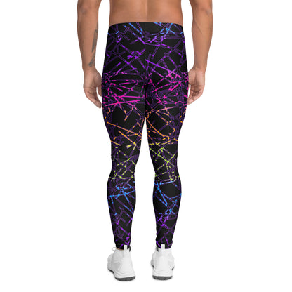 man wearing black leggings with rainbow geometric design in synthwave  style, rear view
