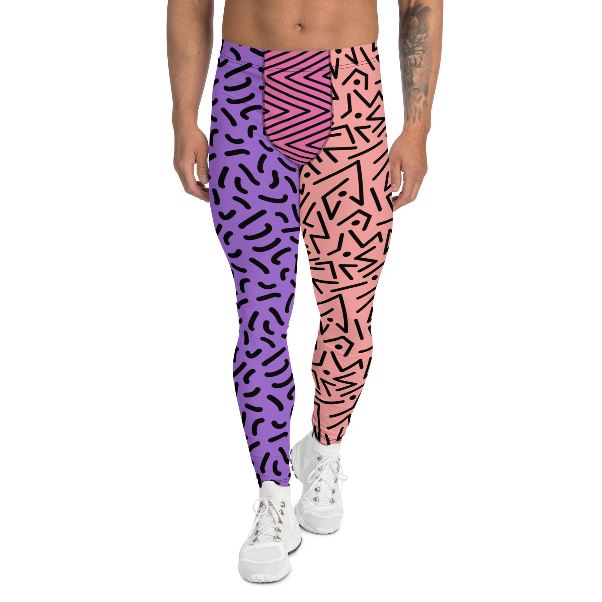 Pro-wrestling tights for men in retrio 80s memphis design. Purple, orange, pink alternative legs with geometric pattern. Ankle length. Mid rise leggings.