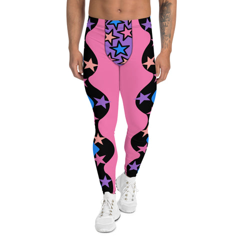 Festival Leggings for Men | Spandex Men’s Pro Wrestling Long Tights | EDC Rave Gear Meggings | Clubbing Outfit | Fashion Meggs | Kawaii Clothing. Pink and blue patterned leggings for men with pastel stars.