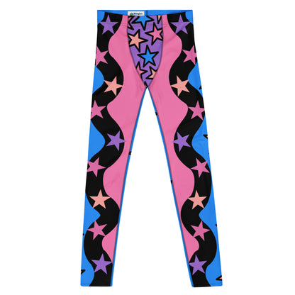 Festival Leggings for Men | Spandex Men’s Pro Wrestling Long Tights | EDC Rave Gear Meggings | Clubbing Outfit | Fashion Meggs | Kawaii Clothing. Pink and blue patterned leggings for men with pastel stars.