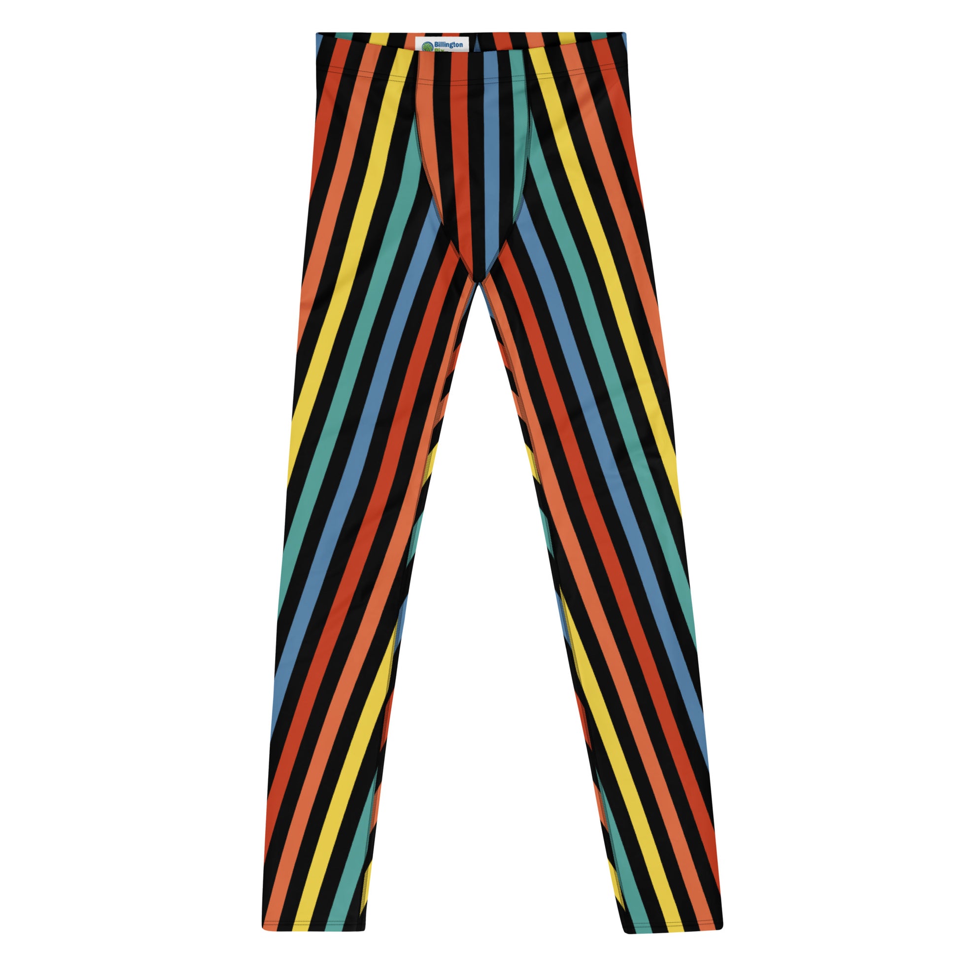 Festival Mens Leggings, Stripy Wrestling Style Performance Tights, Fashion Meggs, Rainbowcore Striped Meggings, Rave Gear Clubbing Outfit, pro wrestling tights, climbing, stripy rainbow LGBT Pride outfit idea by BillingtonPix