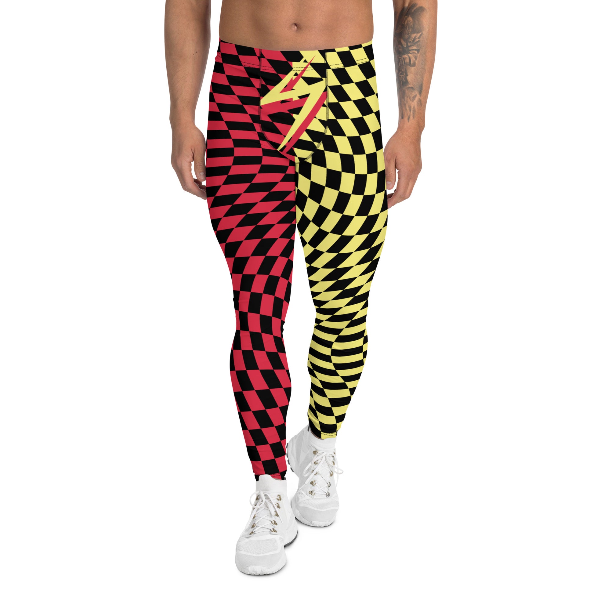 Mens Leggings Harlequin Checked Meggings 80s Wrestling Style Meggs Party Clubbing Costume Yoga Pilates Sports Leggings Halloween Streetwear. Red, yellow, black glitch check pants for burning man, festivals, parties, performances, dance,  zigzag front