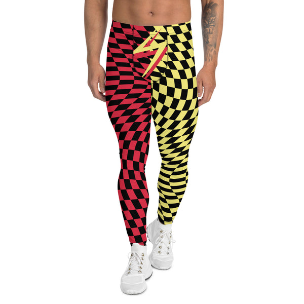 Mens Leggings Harlequin Checked Meggings 80s Wrestling Style Meggs Party Clubbing Costume Yoga Pilates Sports Leggings Halloween Streetwear. Red, yellow, black glitch check pants for burning man, festivals, parties, performances, dance,  zigzag front