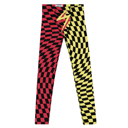 Mens Leggings Harlequin Checked Meggings 80s Wrestling Style Meggs Party Clubbing Costume Yoga Pilates Sports Leggings Halloween Streetwear. Red, yellow, black glitch check pants for burning man, festivals, parties, performances, dance,  zigzag front