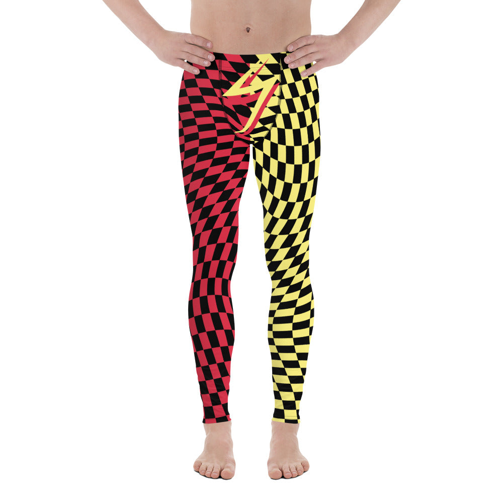 Mens Leggings Harlequin Checked Meggings 80s Wrestling Style Meggs Party Clubbing Costume Yoga Pilates Sports Leggings Halloween Streetwear. Red, yellow, black glitch check pants for burning man, festivals, parties, performances, dance,  zigzag front