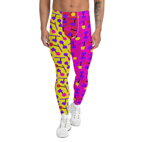 Mens leggings in alternate pink and yellow geometric 80s Memphis style all-over pattern. Red crotch. Fun party leggings with mid-waist and ankle length. Soft and stretchy spandex meggings for activewear, sporting activities, dance, gym, yoga, pilates