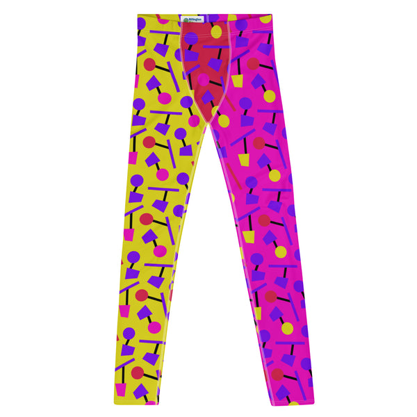 Mens leggings in alternate pink and yellow geometric 80s Memphis style all-over pattern. Red crotch. Fun party leggings with mid-waist and ankle length. Soft and stretchy spandex meggings for activewear, sporting activities, dance, gym, yoga, pilates