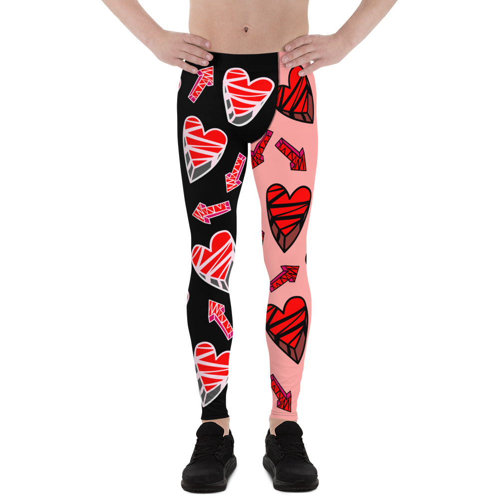 Mens Leggings Wrestling Gear Meggings for Guys, Retro Hearts Gym Meggs, Vibrant Alternative Clothing for Men, Halloween Dance Tights. Broken hearts, anime funny wrestler weightlifter leggings for men in black red white orange.