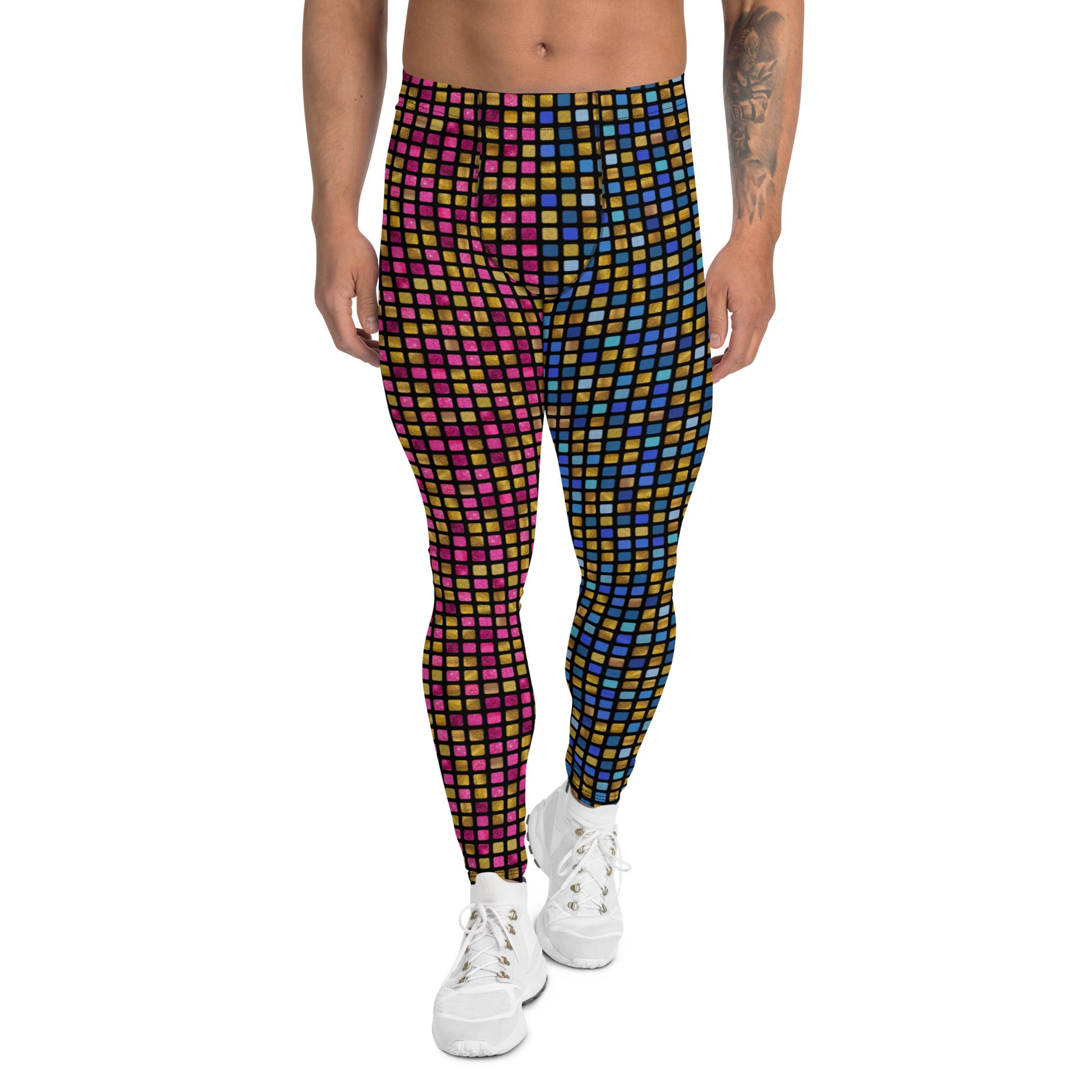 Mens Leggings EDM Rave, Geometric Cosplay Meggings, Festive Party Meggs, Wrestling Tights, Festival Leggings for Men, Workout Dance Leggings. Pink, blue and gold glitter effect meggings in geometric vaporwave pattern giving a retro 70s disco ball vibe.