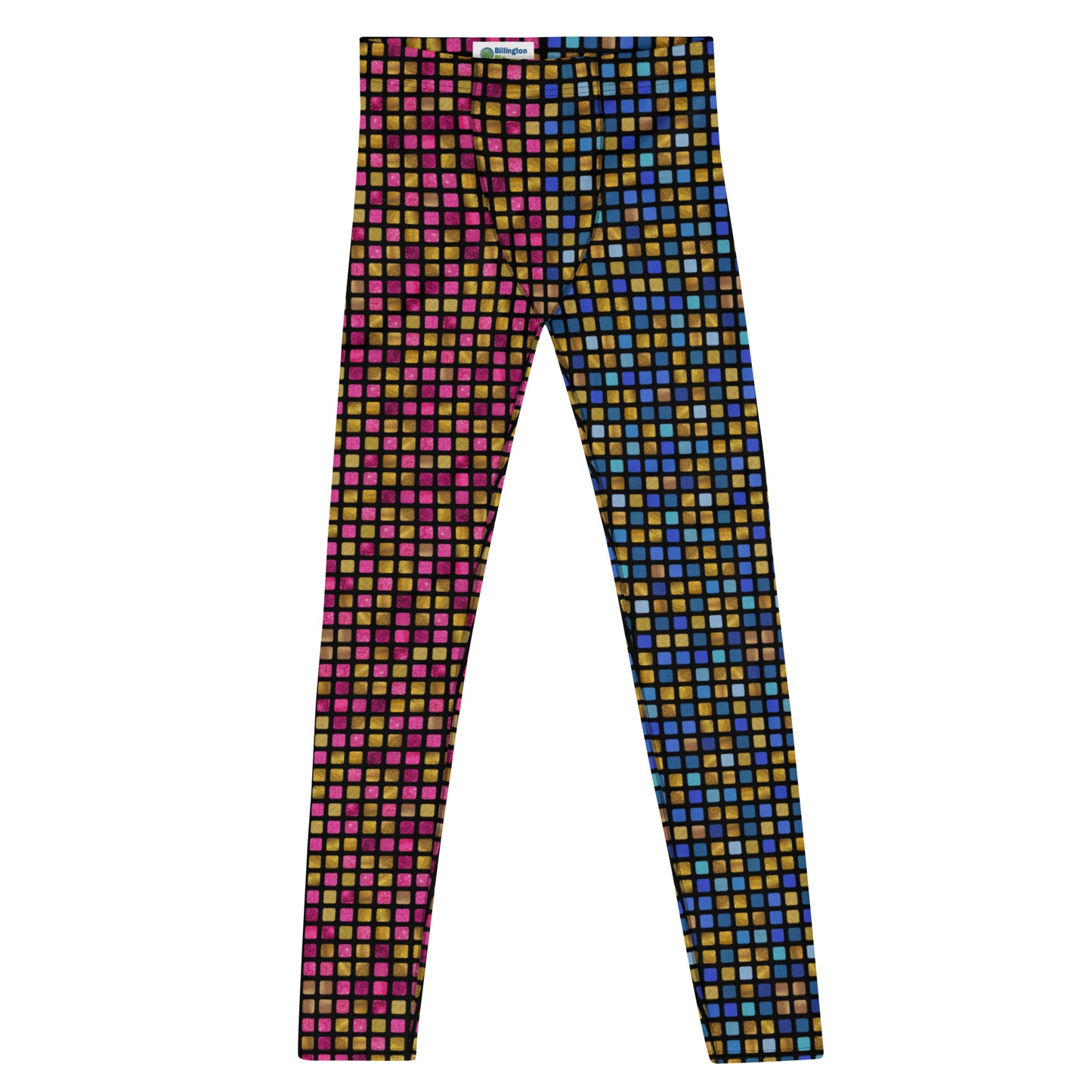 Mens Leggings EDM Rave, Geometric Cosplay Meggings, Festive Party Meggs, Wrestling Tights, Festival Leggings for Men, Workout Dance Leggings. Pink, blue and gold glitter effect meggings in geometric vaporwave pattern giving a retro 70s disco ball vibe.