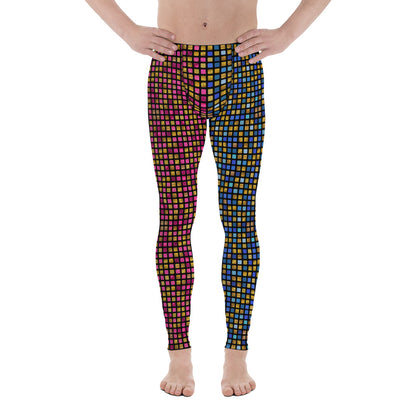 Mens Leggings EDM Rave, Geometric Cosplay Meggings, Festive Party Meggs, Wrestling Tights, Festival Leggings for Men, Workout Dance Leggings. Pink, blue and gold glitter effect meggings in geometric vaporwave pattern giving a retro 70s disco ball vibe.