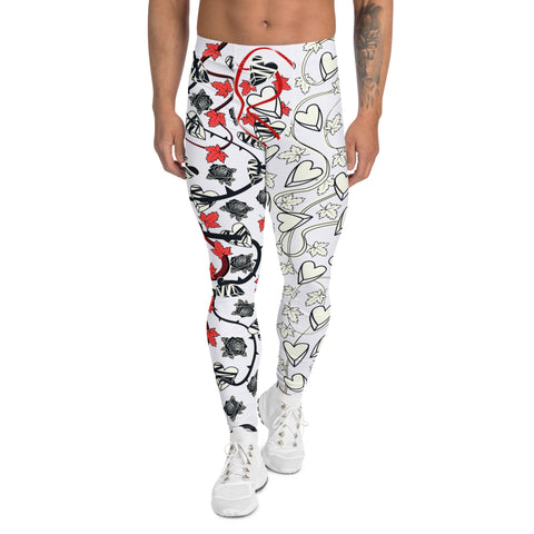 Rockstar style men's pro wrestling tights or leggings in black and silvery white design, full of broken hearts, black roses and red vine leaves. Beautiful swirling vines and rose thorns entangle this heartbreak scene