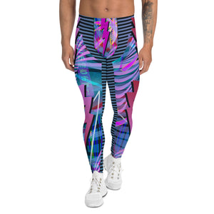 Mens Leggings Trippy Clubbing Outfit, Wrestling Tights, Cosplay Meggings Performer, Cyberpunk Party Gear, Retro 90s Synthwave Dancer Pants. BJJ spats in neoncore all-over pattern with lightning and synthwave retro 90s style pattern. Blue, pink purple