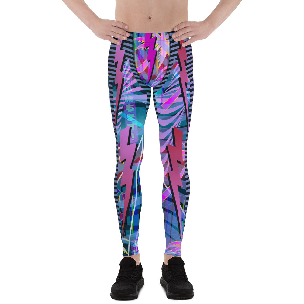 Mens Leggings Trippy Clubbing Outfit, Wrestling Tights, Cosplay Meggings Performer, Cyberpunk Party Gear, Retro 90s Synthwave Dancer Pants. BJJ spats in neoncore all-over pattern with lightning and synthwave retro 90s style pattern. Blue, pink purple