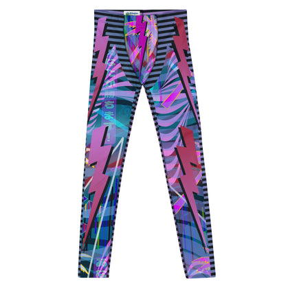 Mens Leggings Trippy Clubbing Outfit, Wrestling Tights, Cosplay Meggings Performer, Cyberpunk Party Gear, Retro 90s Synthwave Dancer Pants. BJJ spats in neoncore all-over pattern with lightning and synthwave retro 90s style pattern. Blue, pink purple